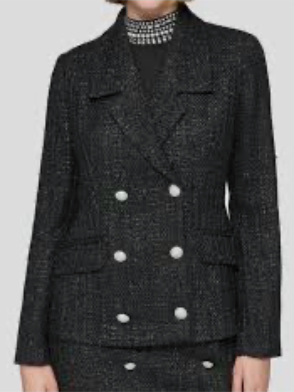 Karl Lagerfeld Paris Tweed Double-Breasted Blazer in Black